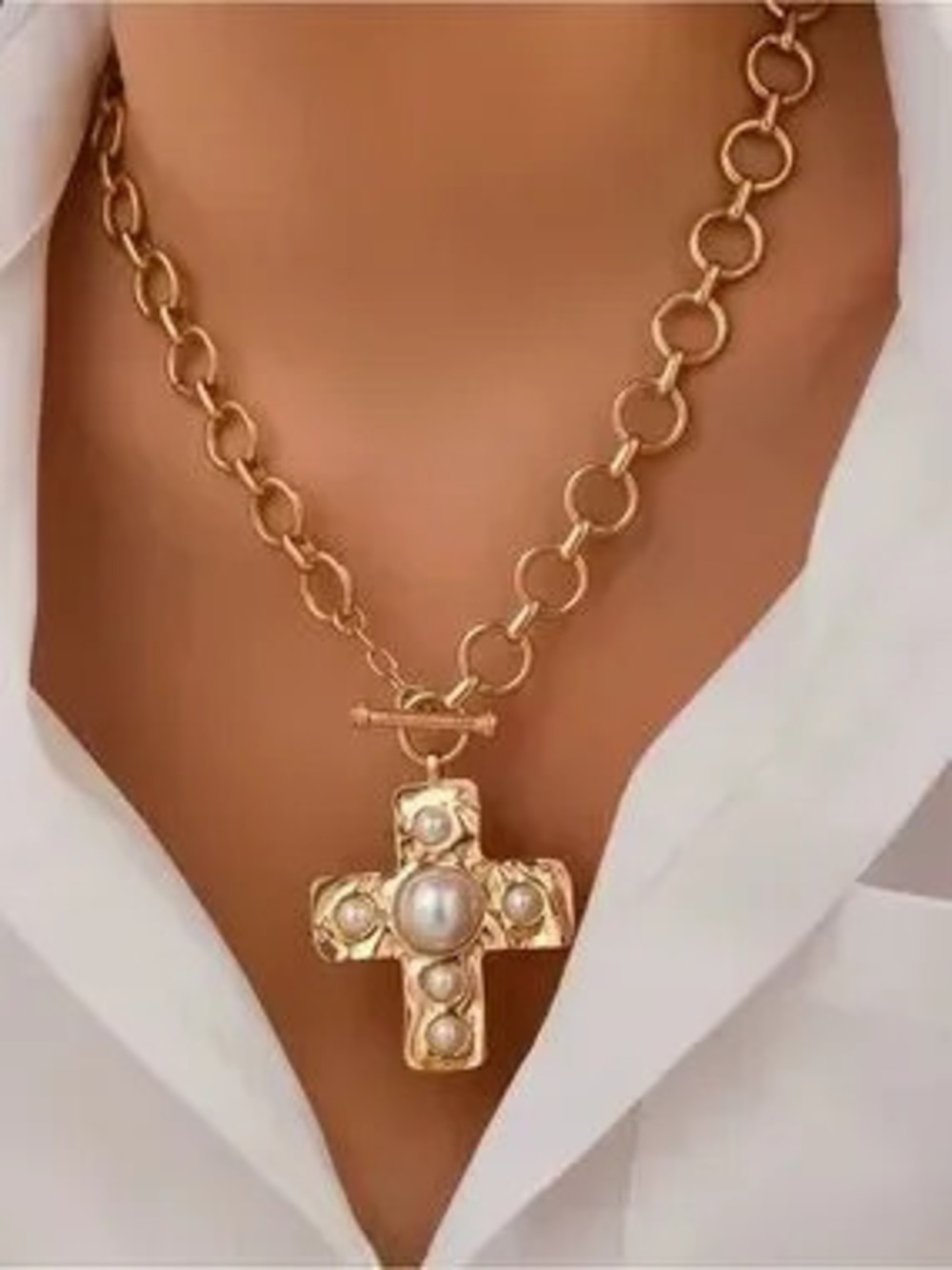 Gold Pearl Cross Pendant Chain Necklace - Women Jewelry